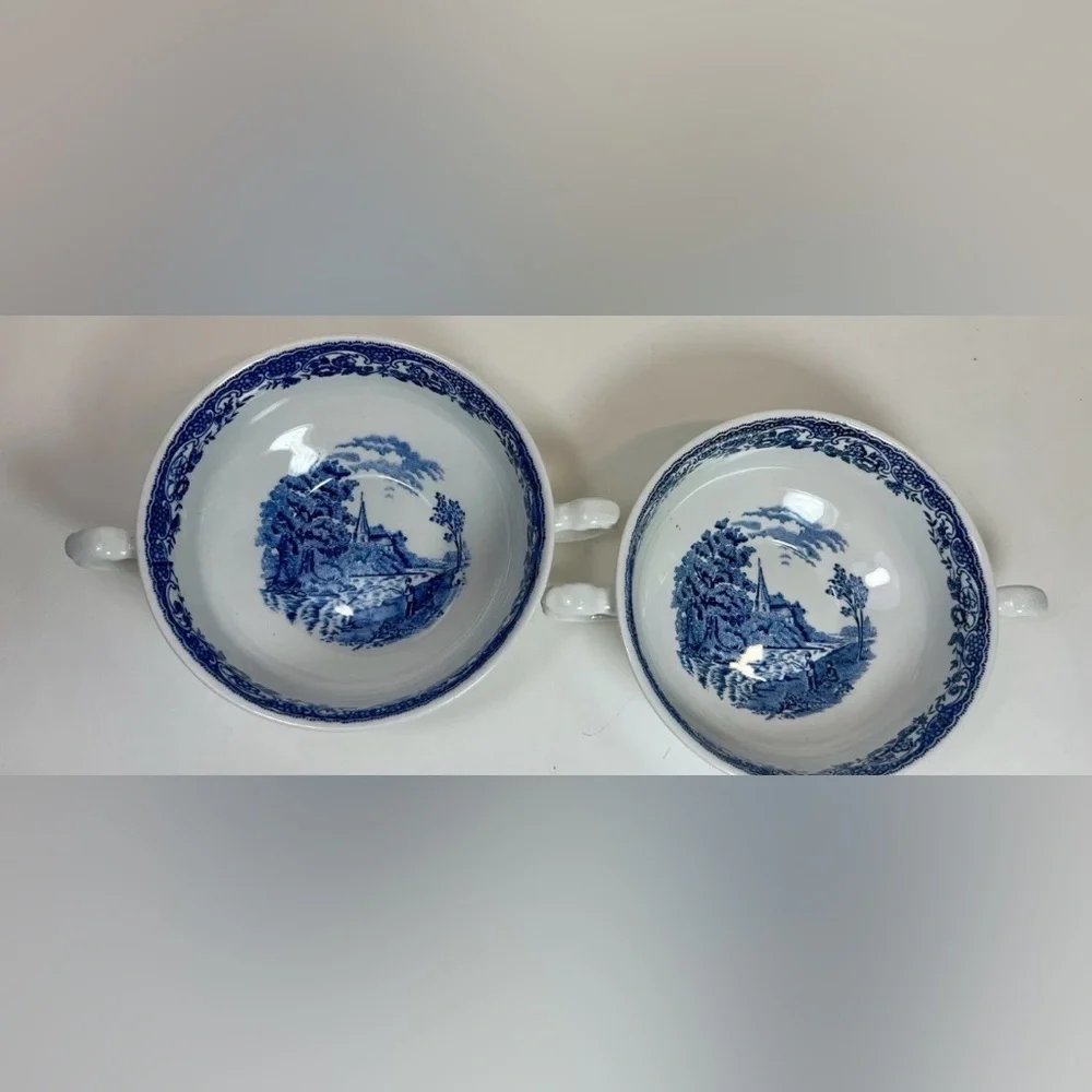 2 Royal Tudor Ware Olde England Pattern Twin-Handle Soup Bowls Perfect Condition